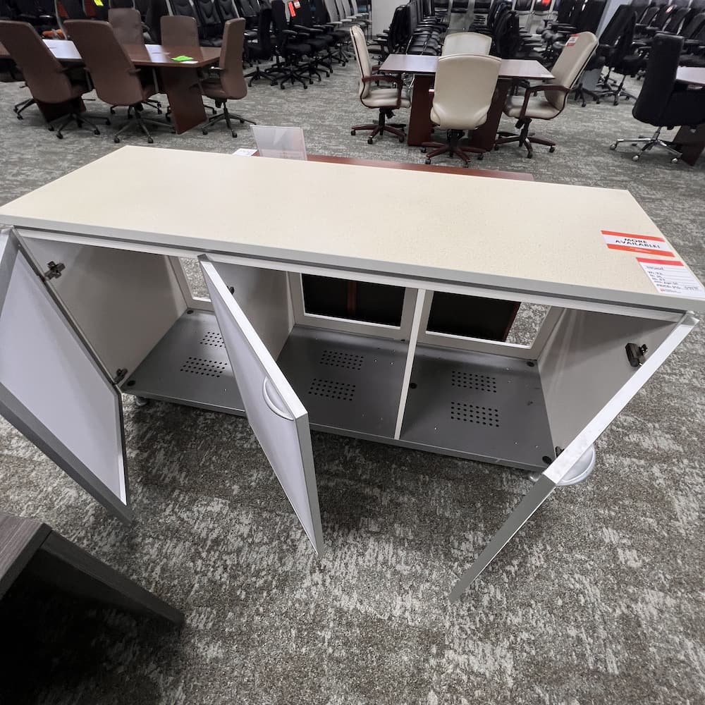 versteel 3 door cabinet, ventilated, frosted glass doors, beige laminate top, equipment cabinet, used office furniture