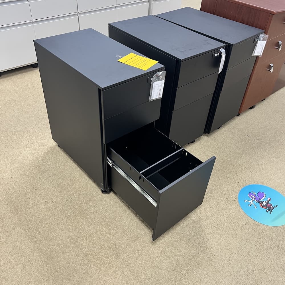 black metal rolling file cabinet with 3 drawers, open file drawer