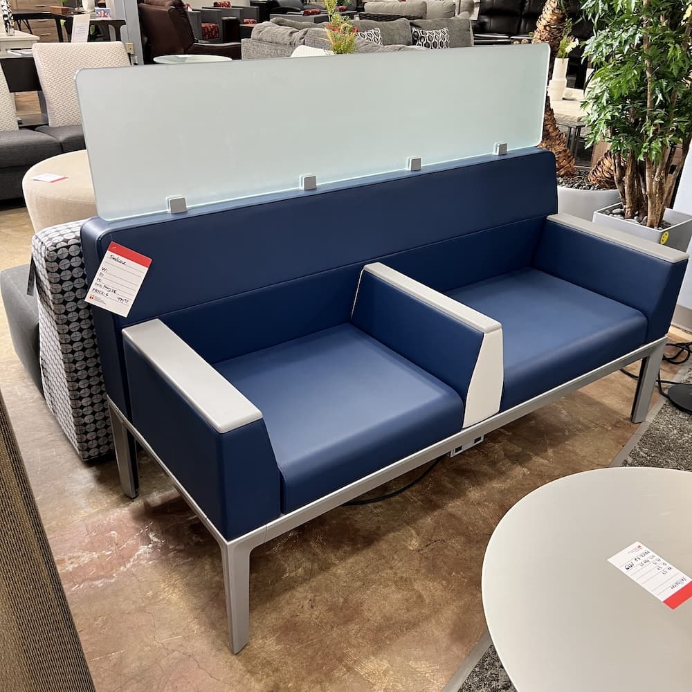 blue vinyl and grey metal with glass and white arms steelcase regard commercial bench, contract seating, used office furniture lounge area