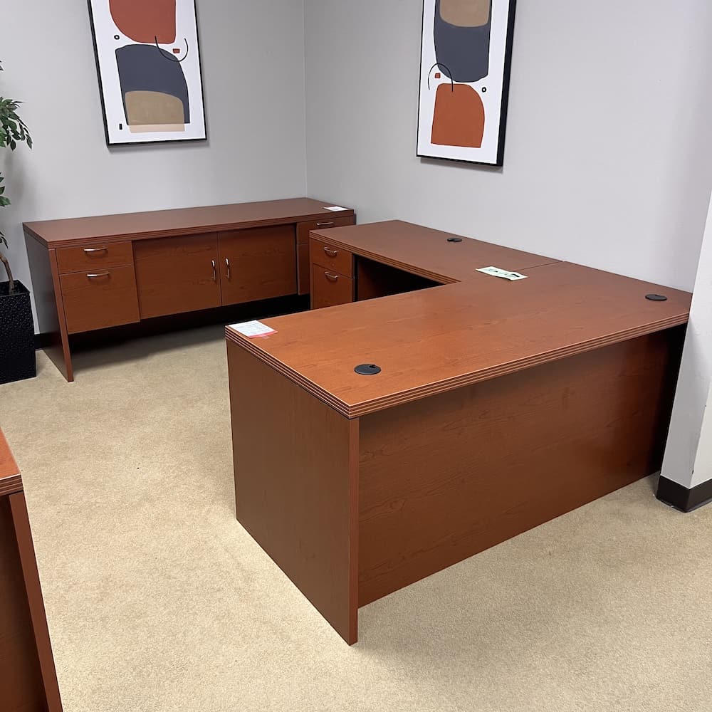 cherry laminate l-desk with credenza set, used office furniture