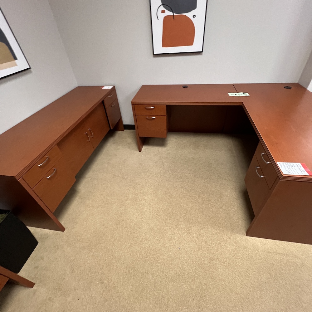 cherry laminate l-desk with credenza set, used office furniture