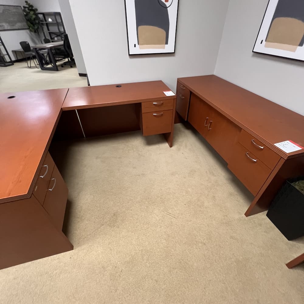 cherry laminate l-desk with credenza set, used office furniture