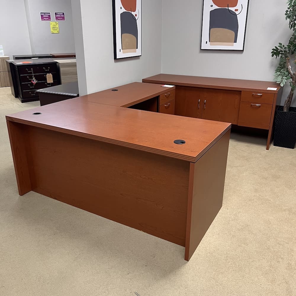 cherry laminate l-desk with credenza set, used office furniture