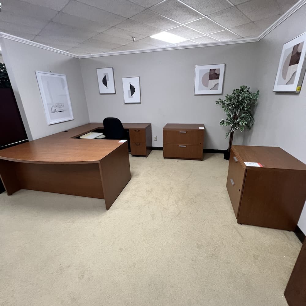 cherry u-desk steelcase turnstone with 2 drawer lateral file, used office furniture