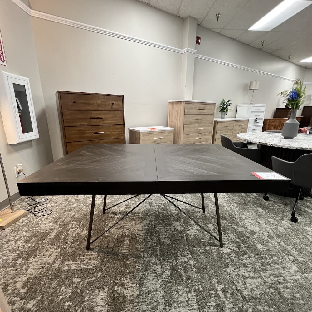 espresso veneer metal base rectangle dining table, scratch n dent home furniture