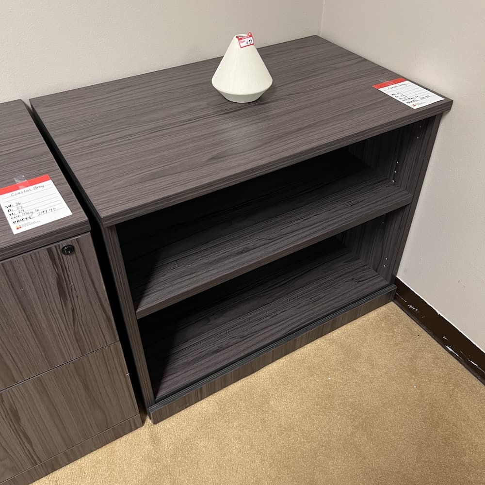 coastal grey bookcase, short 29" tall, board back, open box office furniture