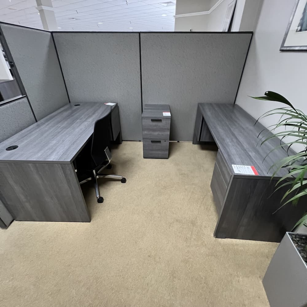 grey desk set with credenza and file/file, open box scratch n dent office furniture