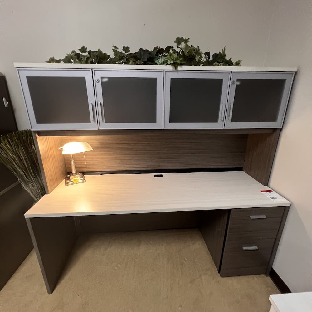 global bow front desk with 2 credenzas and hutch, grey and white laminate, used office furniture