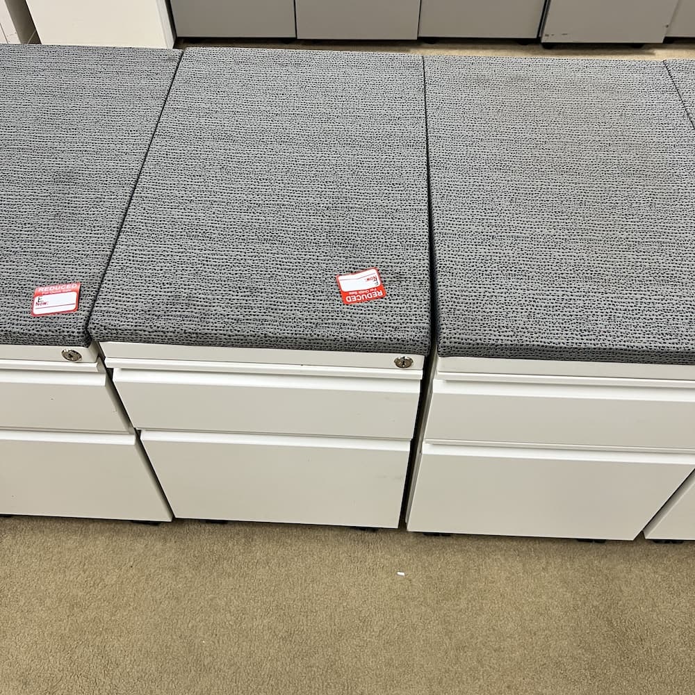 grey cushion top with metal cabinet base, haworth rolling vertical box/file, used office furniture