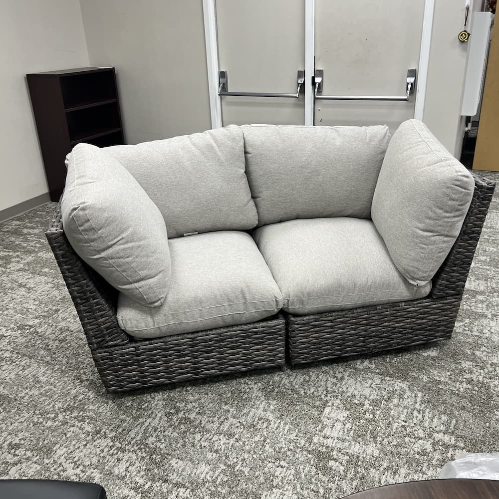 grey woven 2 seater patio outdoor sectional loveseat sofa, open box scratch n dent furniture