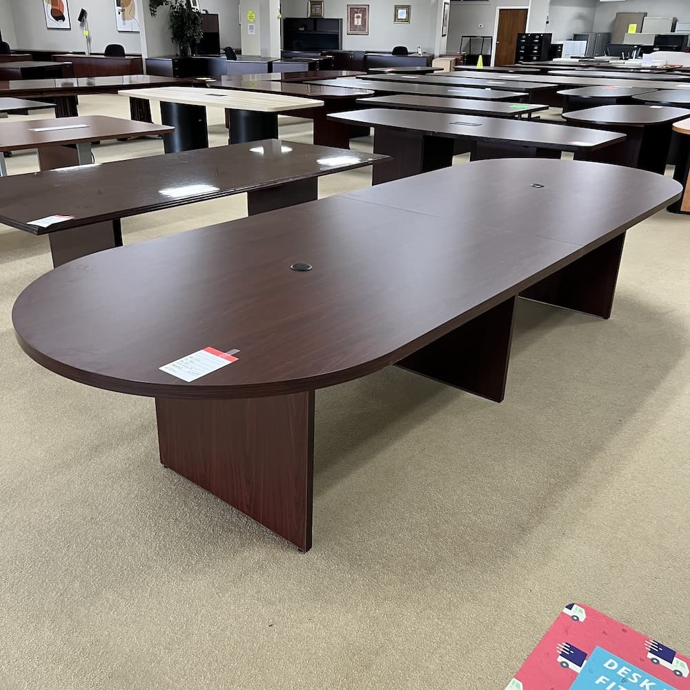 mahogany 12 ft racetrack conference table laminate, used office furniutre