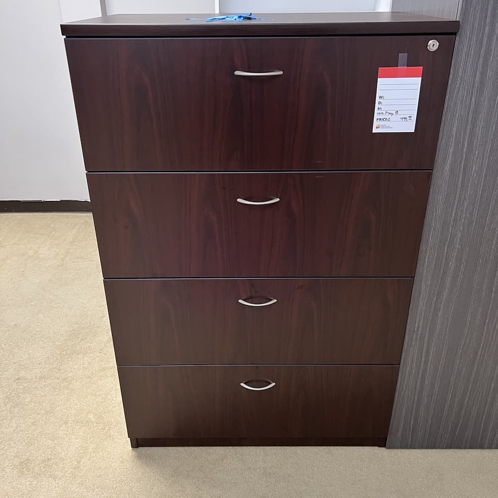 mahogany laminate 4 drawer lateral file cabinet, open box scratch n dent office furniture
