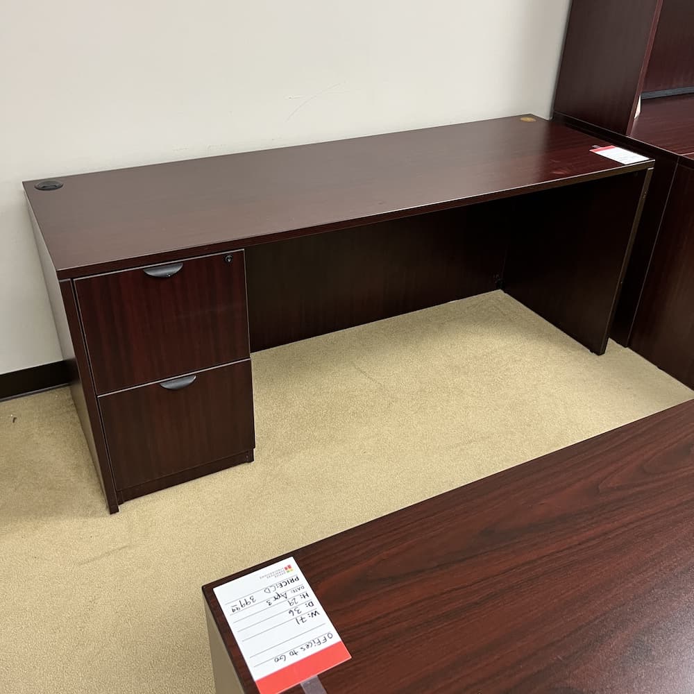 mahogany laminate desk credenza with file file and black pulls, used office furniture