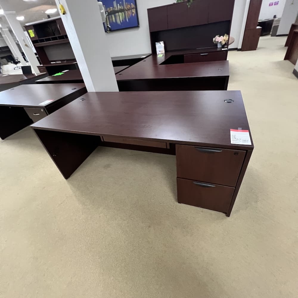 mahogany laminate desk with file/file and pencil drawer, used office furniture