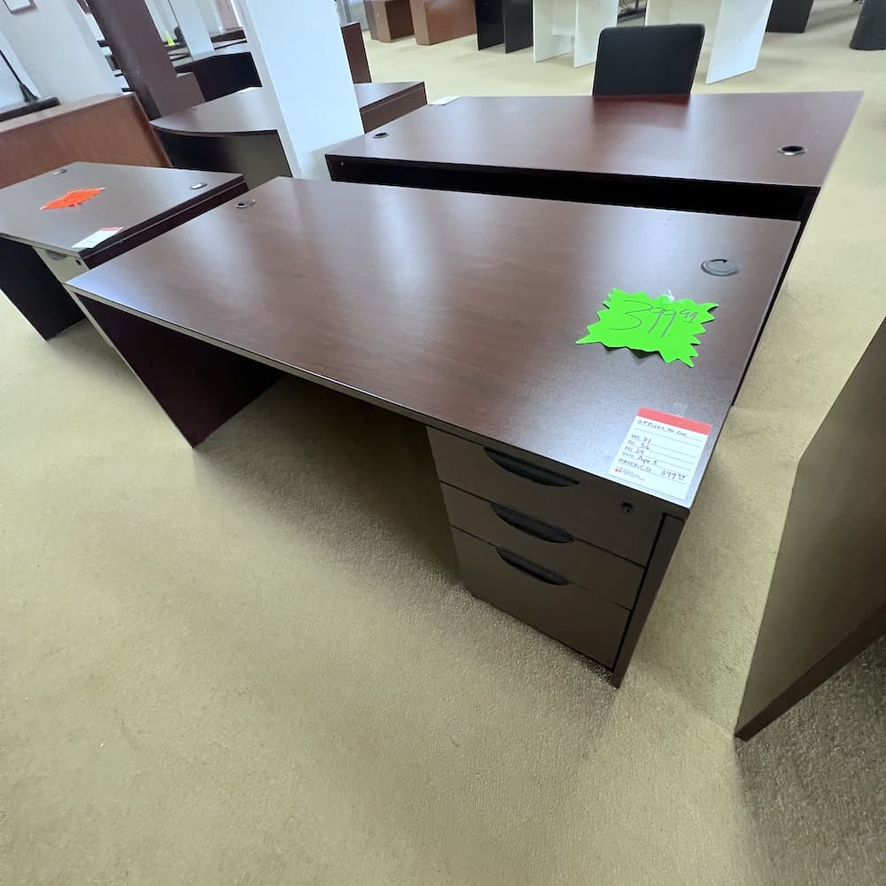 mahogany laminate desk 71x36 with single pedestal file, box/box/file, used office furniture