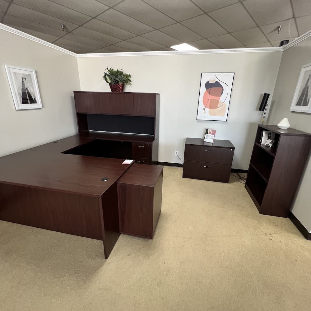 Set - Mahogany Laminate U-Desk, 2 Drawer Lateral and Bookcase