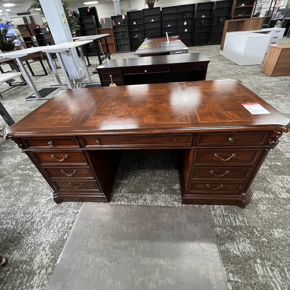 cherry veneer traditional executive desk and 2 drawer lateral set, made by hooker furniture, European renaissance, Used office furniture