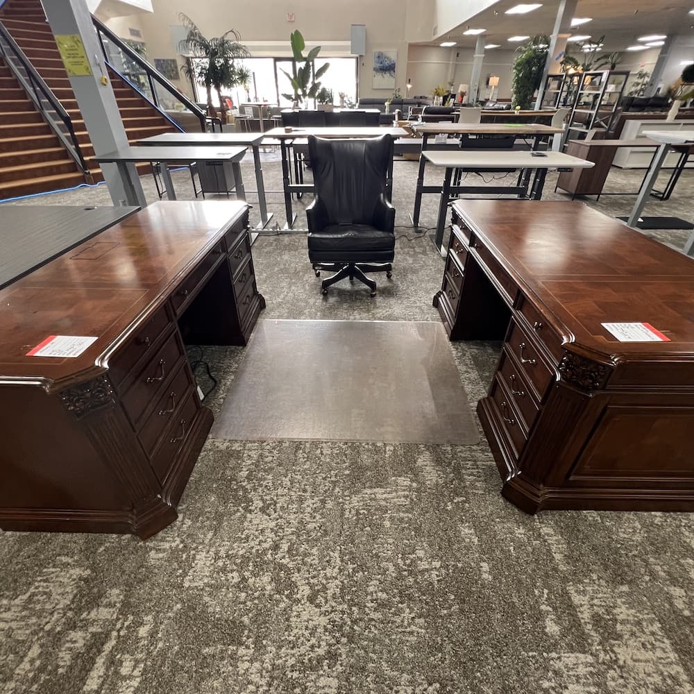 cherry veneer traditional executive desk and 2 drawer lateral set, made by hooker furniture, European renaissance, Used office furniture
