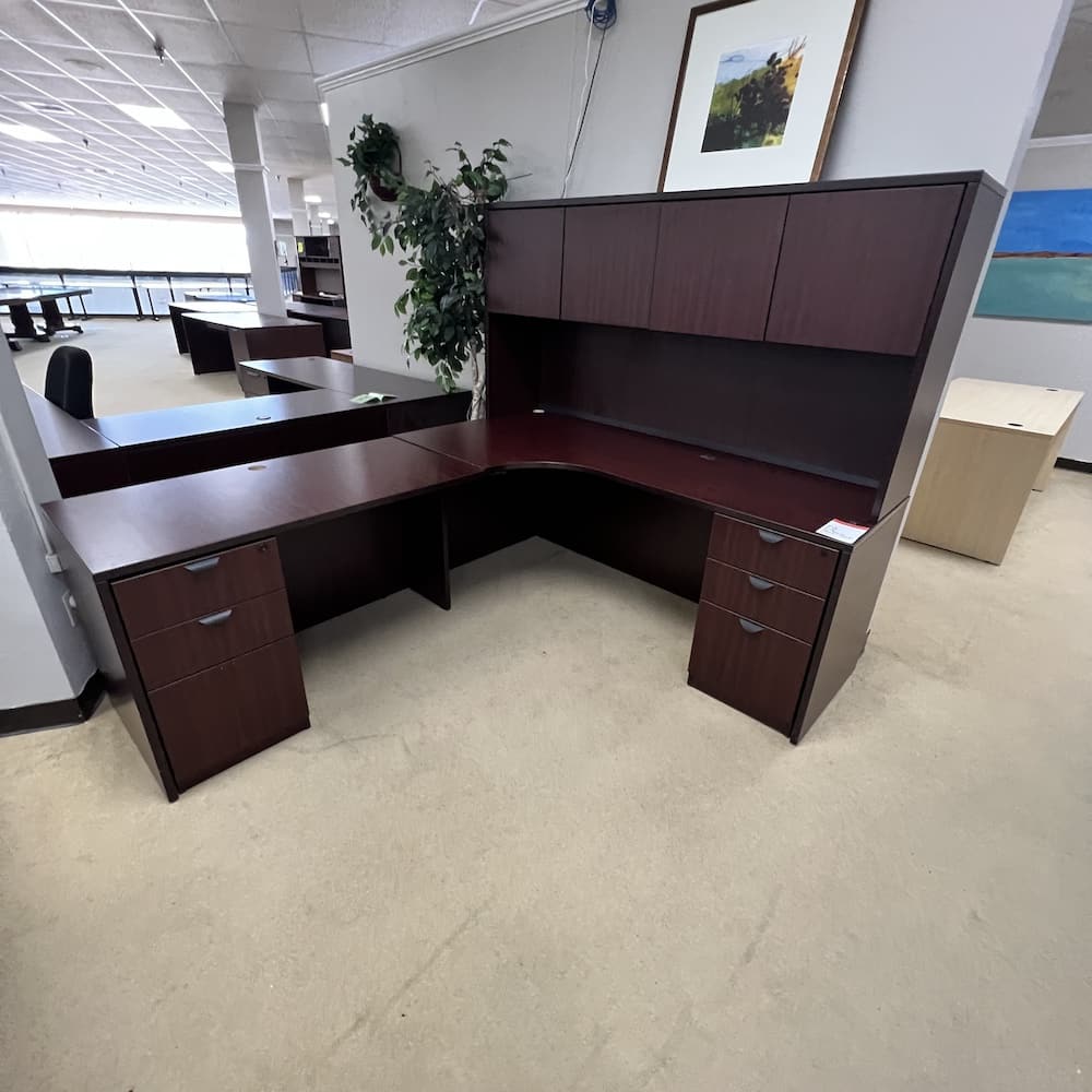 mahogany l-desk left return, double pedestal with 4 door laminate hutch, used office furniture