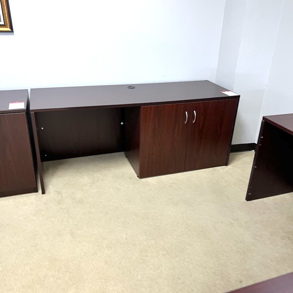 mahogany laminate desk credenza with 2 door storage cabinet, used office furniture