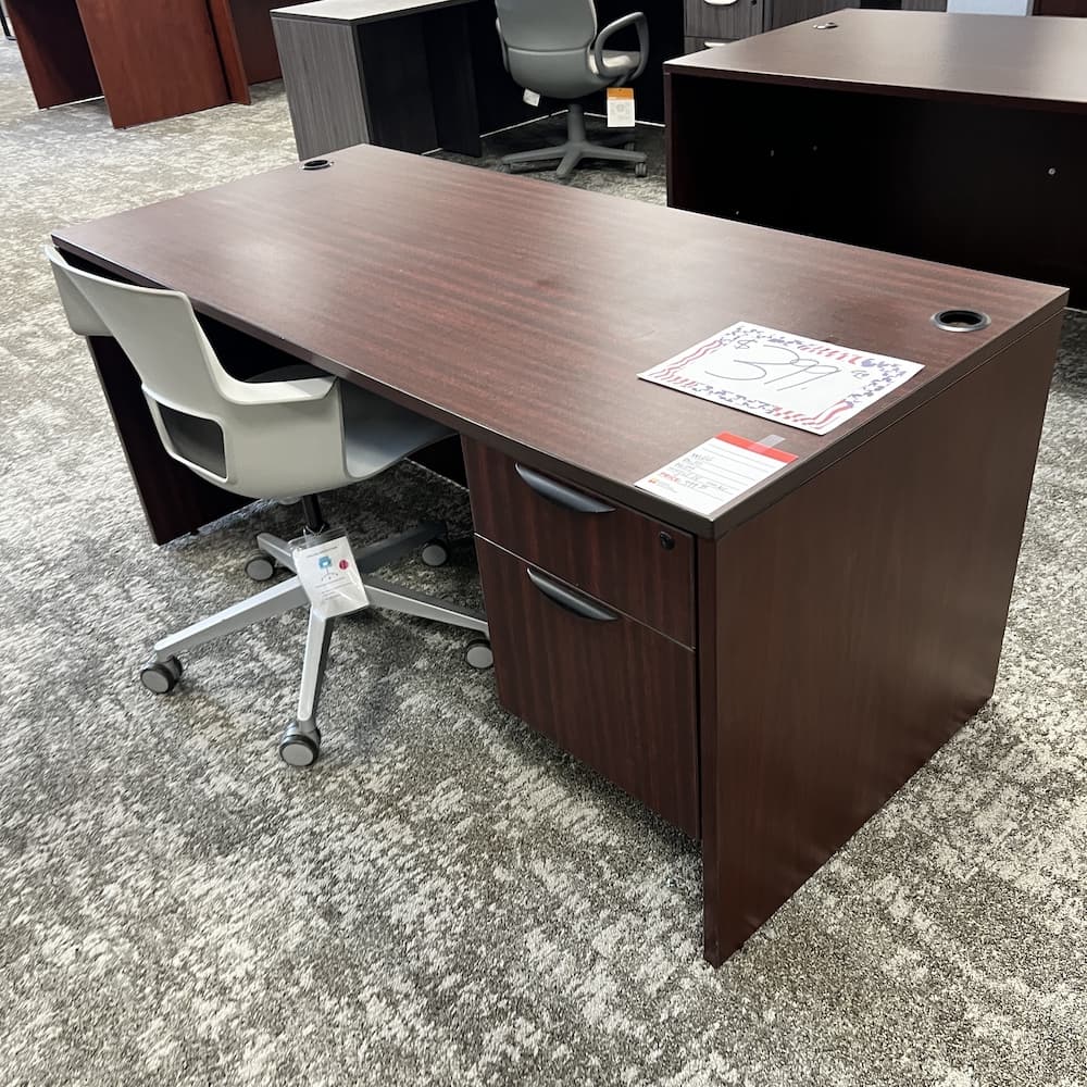 mahogany laminate desk 66x30 with box file and black pulls, used office furniture