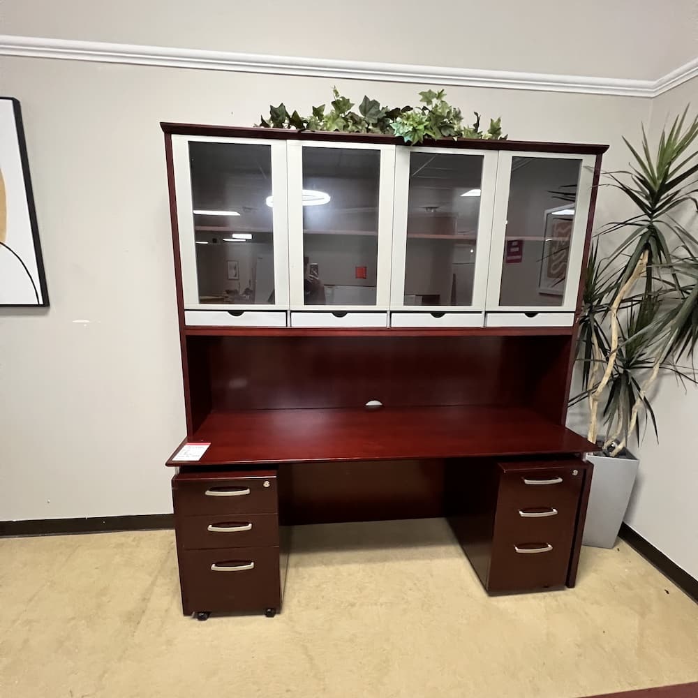 mahogany veneer credenza desk with 2 rolling files and hutch with glass doors, used office furniture