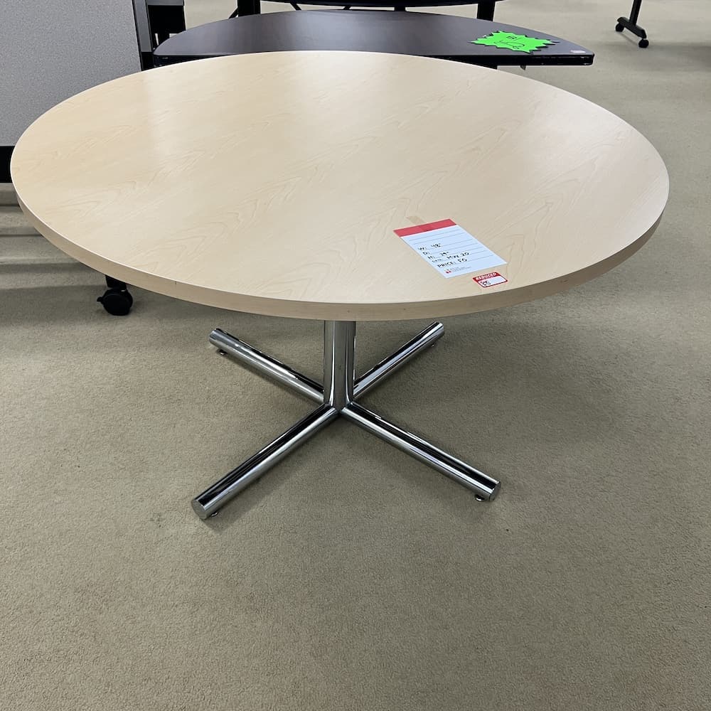 maple laminate round table break room with chrome silver base, used office furniture
