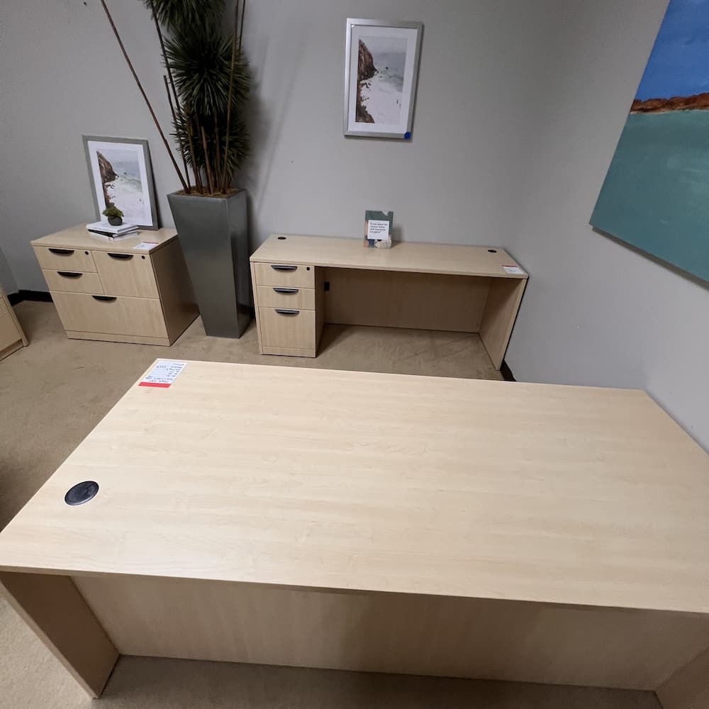 maple laminate desk set and credenza and file cabinet, used office furniture