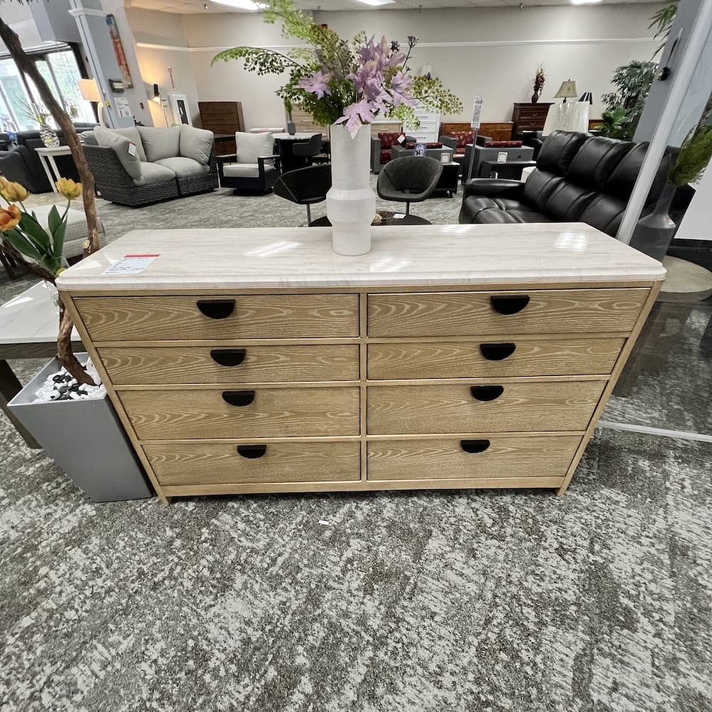 natural look wood mdf laminate, stone top, 8 drawer dresser with black pulls, scratch n dent home furniture