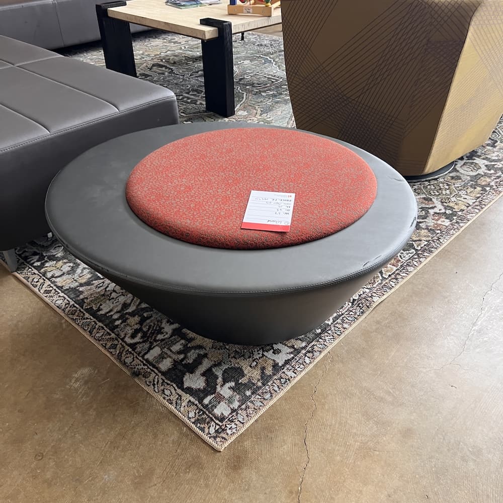 red upholstery and taupe vinyl pebble round ottoman seat, modular office lounge furniture, Leland, used office furniture