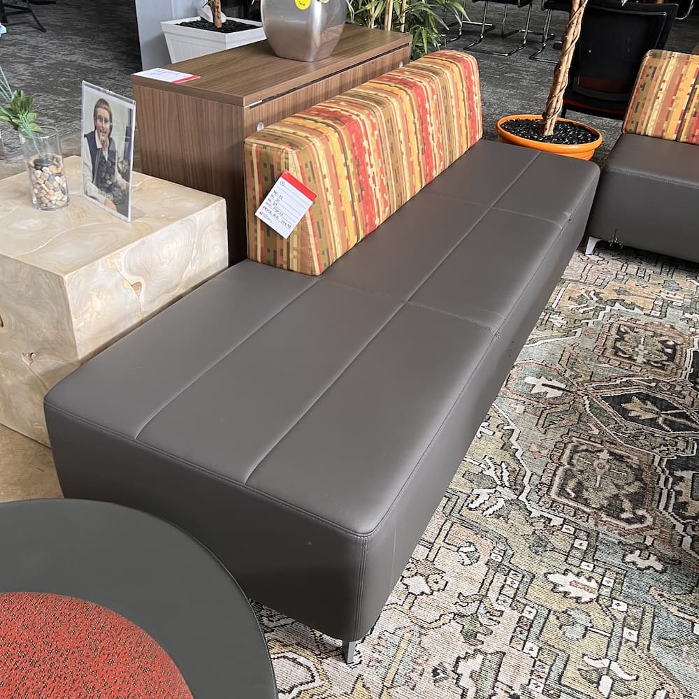 taupe vinyl with red and yellow stripes, Leland seating, office modular lounge bench, used office furniture