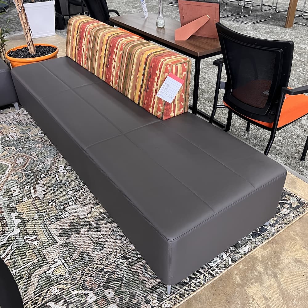 taupe vinyl with red and yellow stripes, Leland seating, office modular lounge bench, used office furniture
