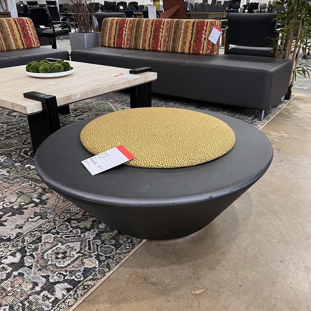 taupe vinyl and yellow green gold upholstery Pluto bench, unique seating bench, unusual collaboration spaces, used office furniture