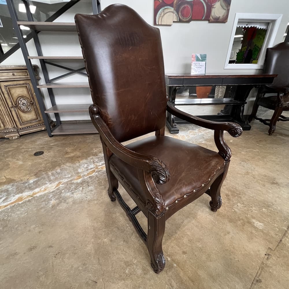 brown wood and leather parson chair, dining, Spanish revival reproduction, used home furniture