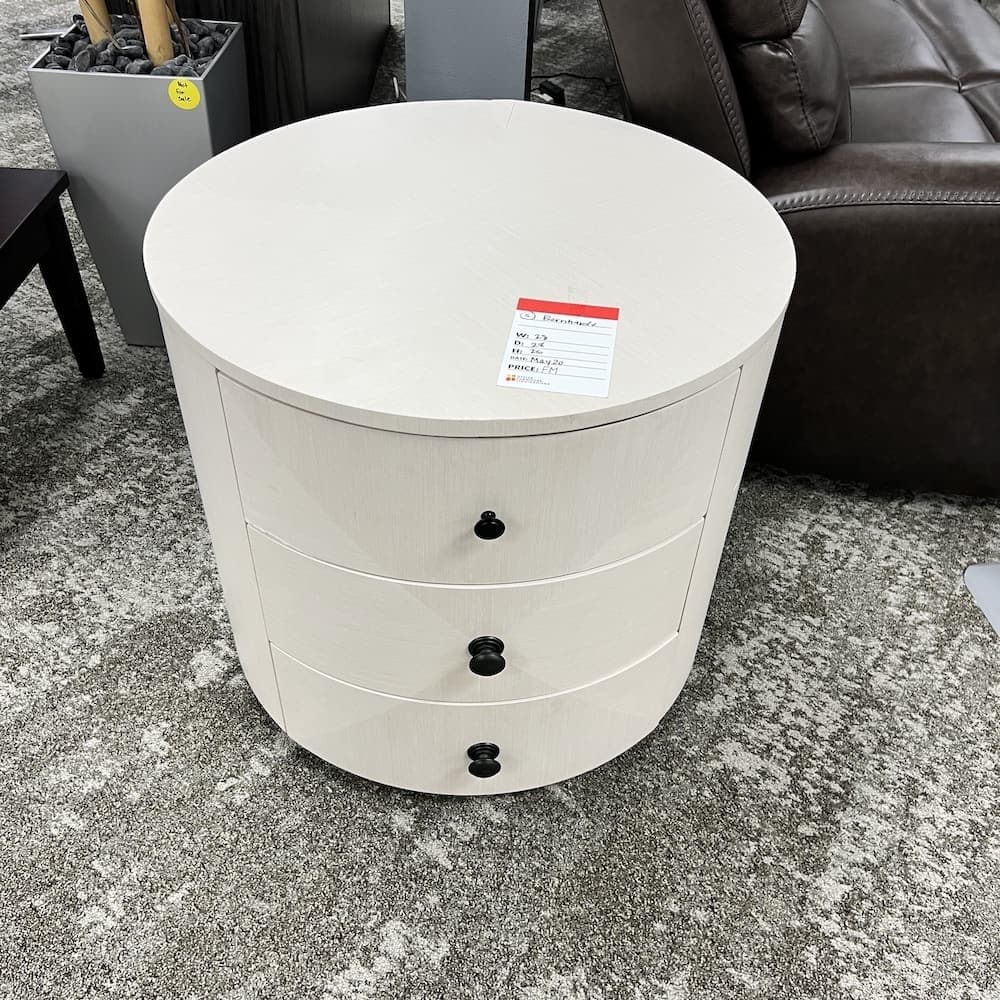 white veneer with black pulls, drum round side table with 3 drawer, open box scratch n dent home furniture