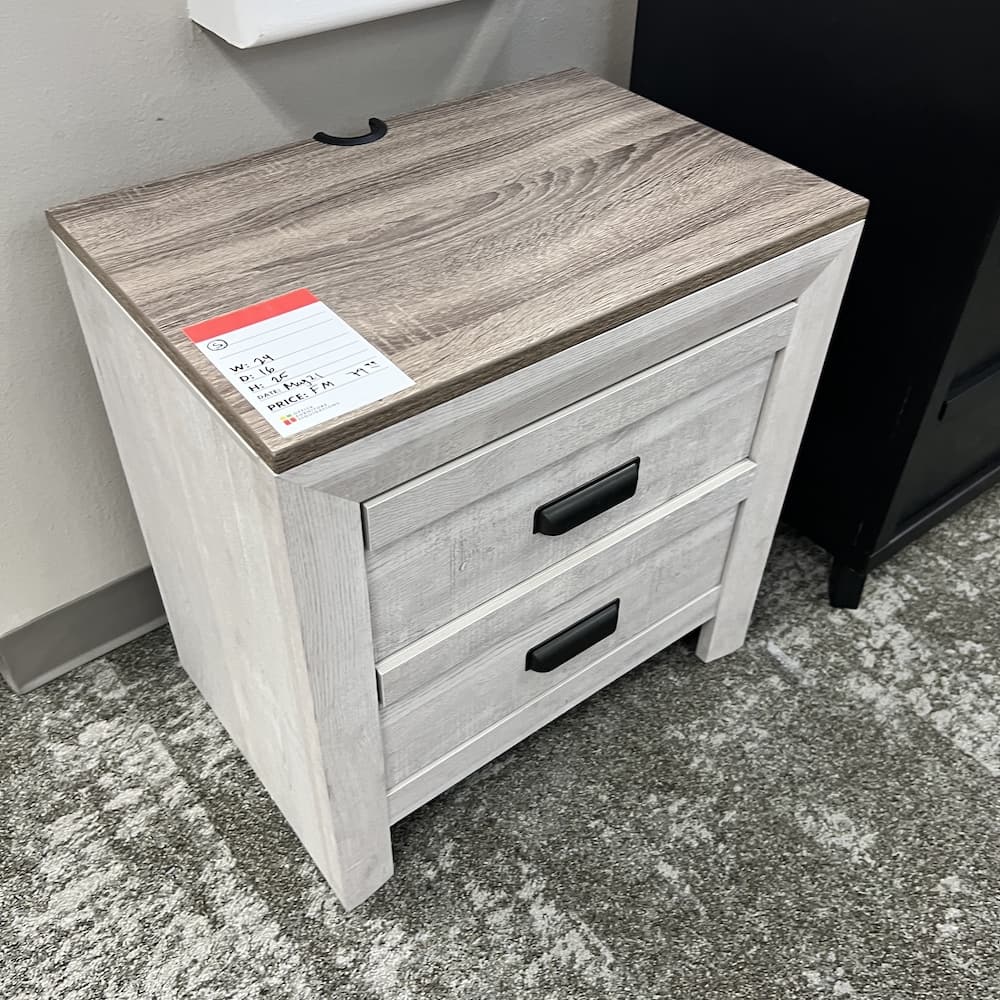 nightstand white distressed wood look, black pulls, walnut top, scratch n dent home furniture, two drawers