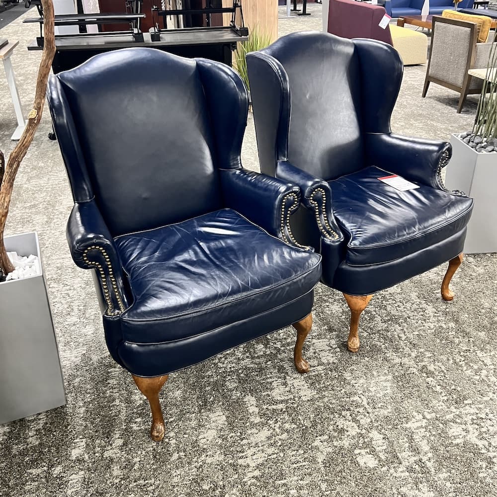 blue leather executive guest chairs, hickory craft, used furniture