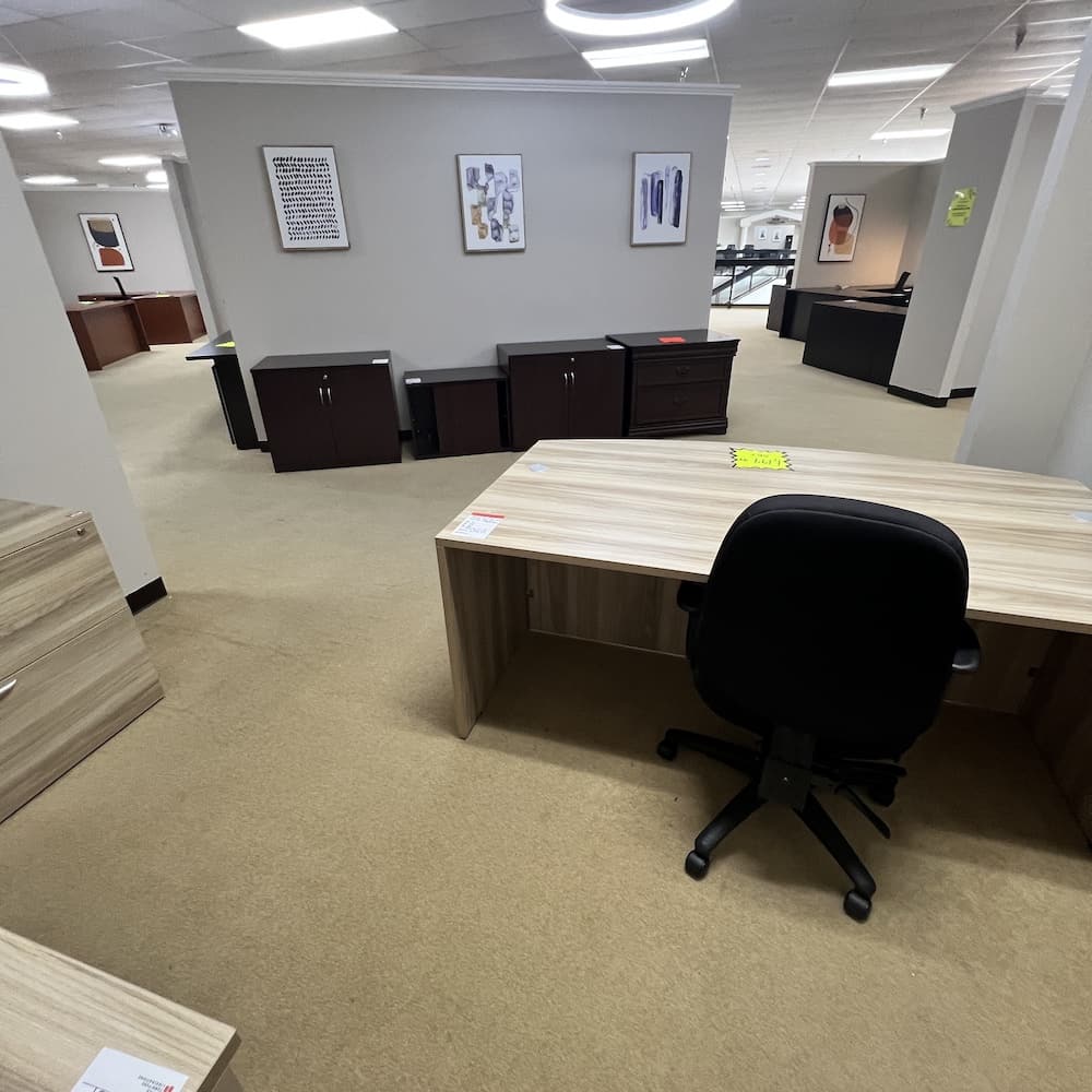 American elm set bow front shell, lateral file, bookcase, and wardrobe. Open box scratch n dent office furniture