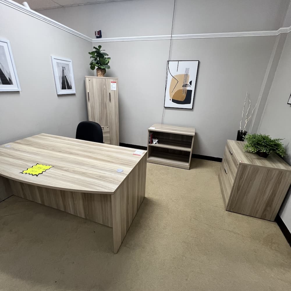American elm set bow front shell, lateral file, bookcase, and wardrobe. Open box scratch n dent office furniture