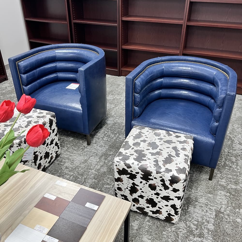 blue vinyl barrel chair, lounge commercial contract furniture, used hotel furniture, used office furniture