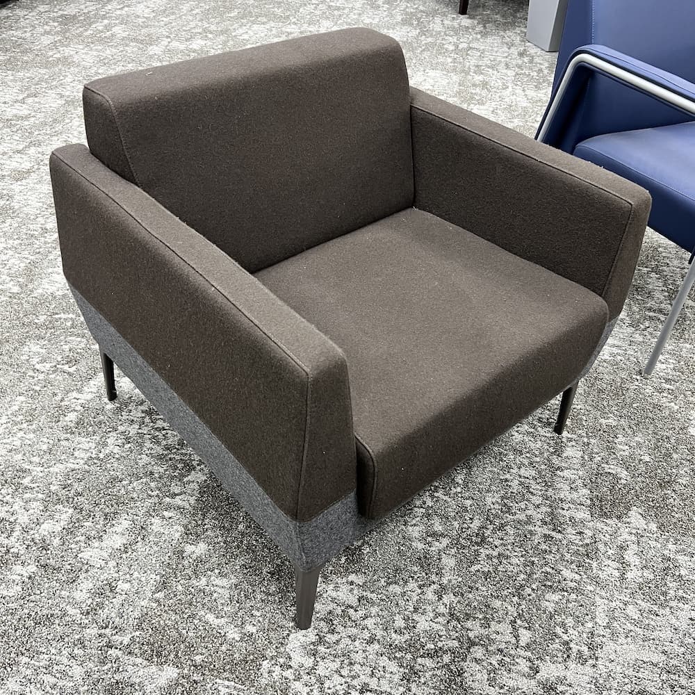 brown wool upholstery with grey accents, coalesse steelcase, used commercial furniture, lounge reception