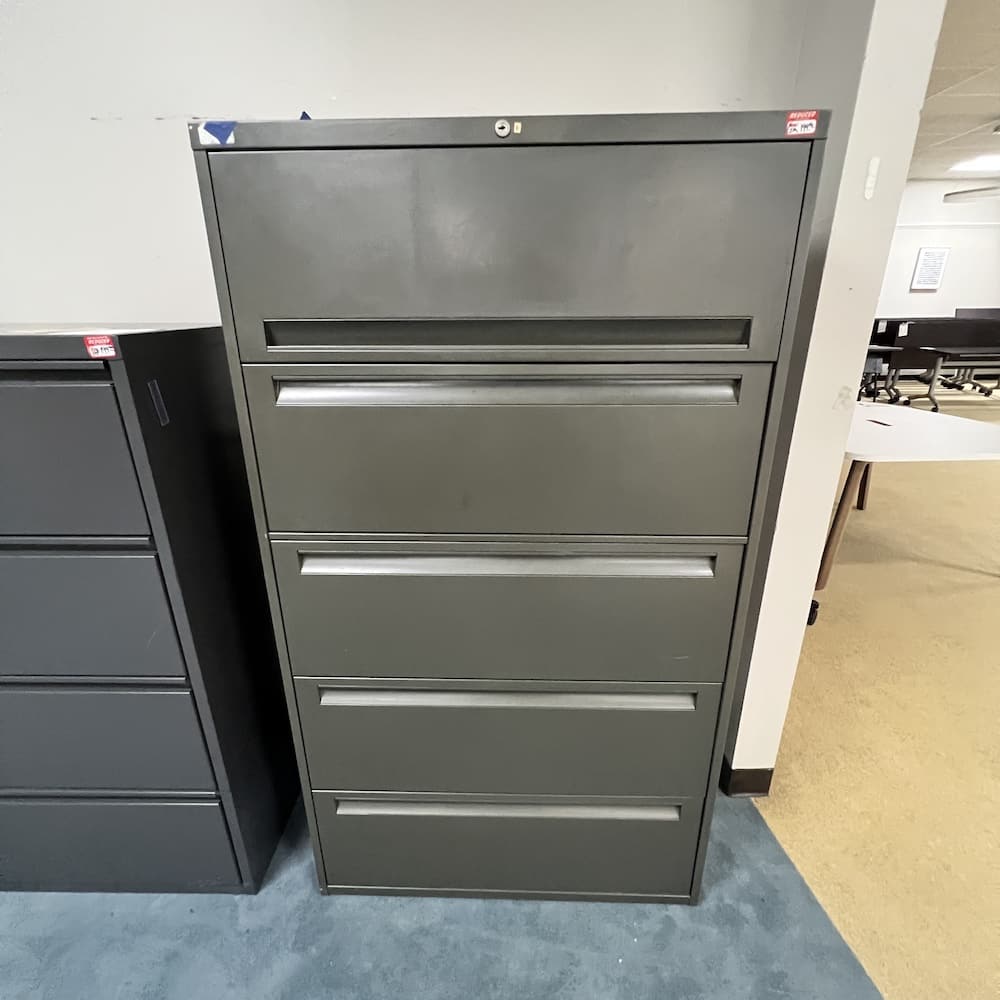 taupe brown metal 5 drawer lateral file, used steelcase, used office furniture, storage filing