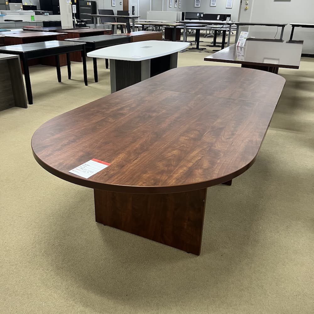 cherry laminate racetrack table 10 ft slab base, used office furniture