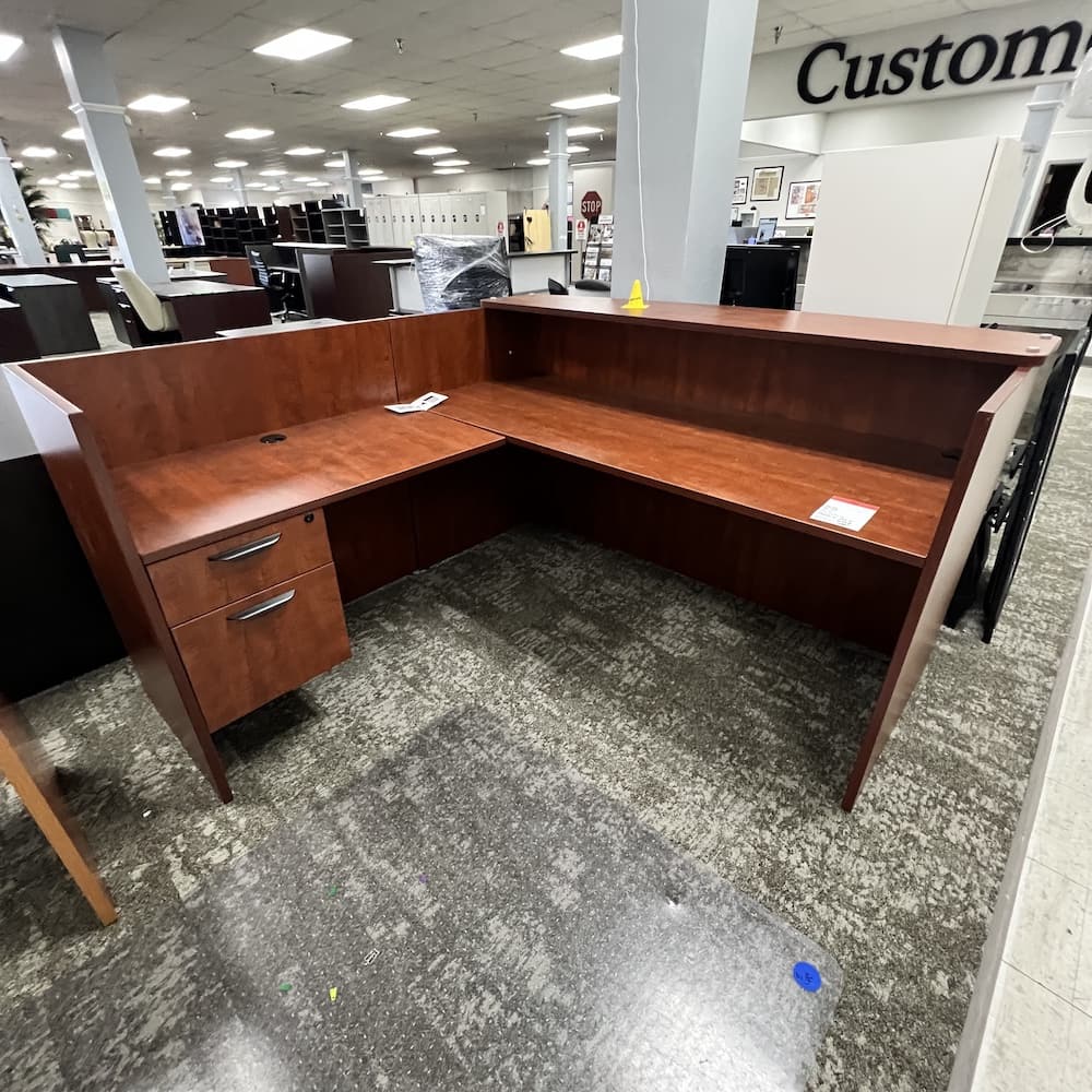 cherry l-desk reception left return, laminate with single box file, used office furniture