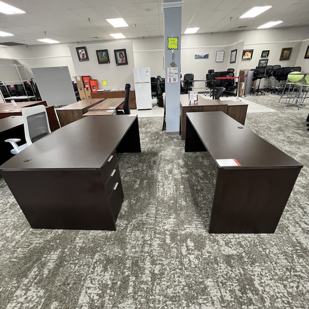 espresso fluted edge laminate bow front desk and credenza set, used office furniture