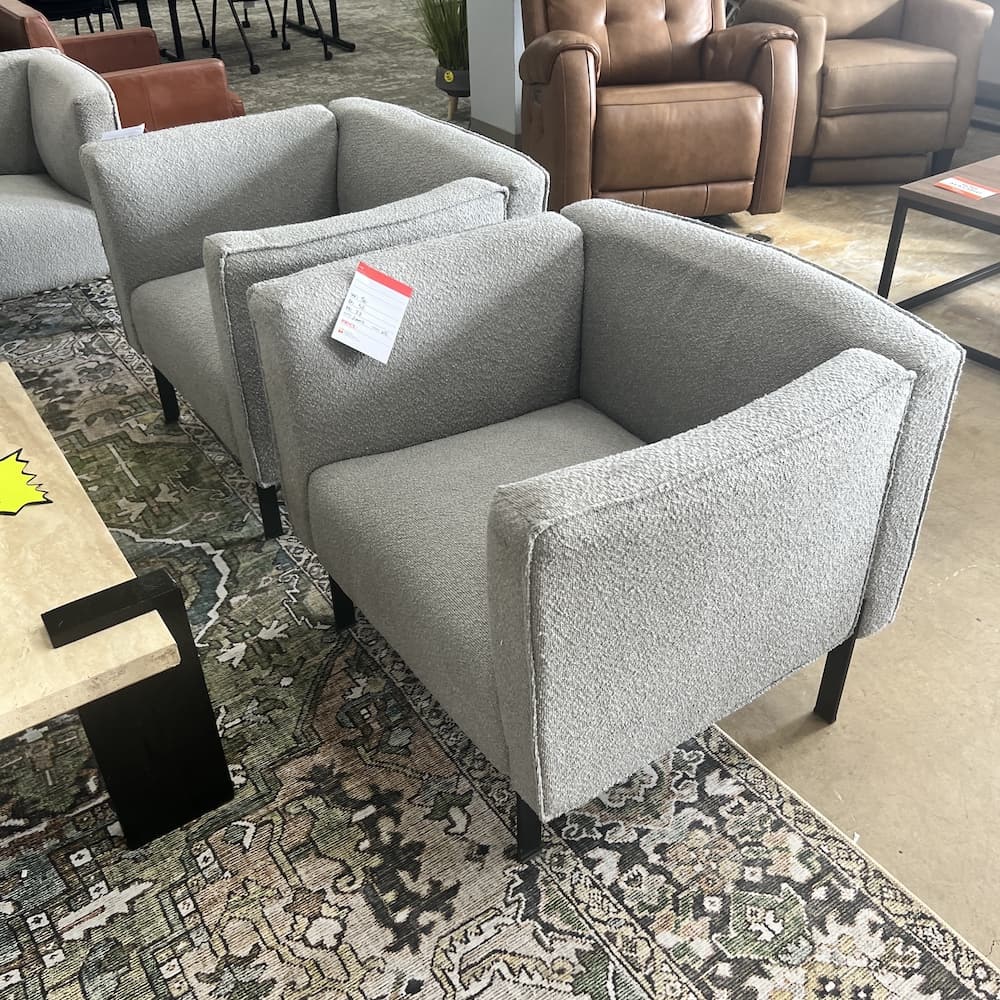 light grey boucle commercial lounge chair, contract furniture open box office