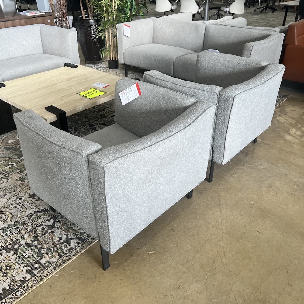 light grey boucle commercial lounge chair, contract furniture open box office