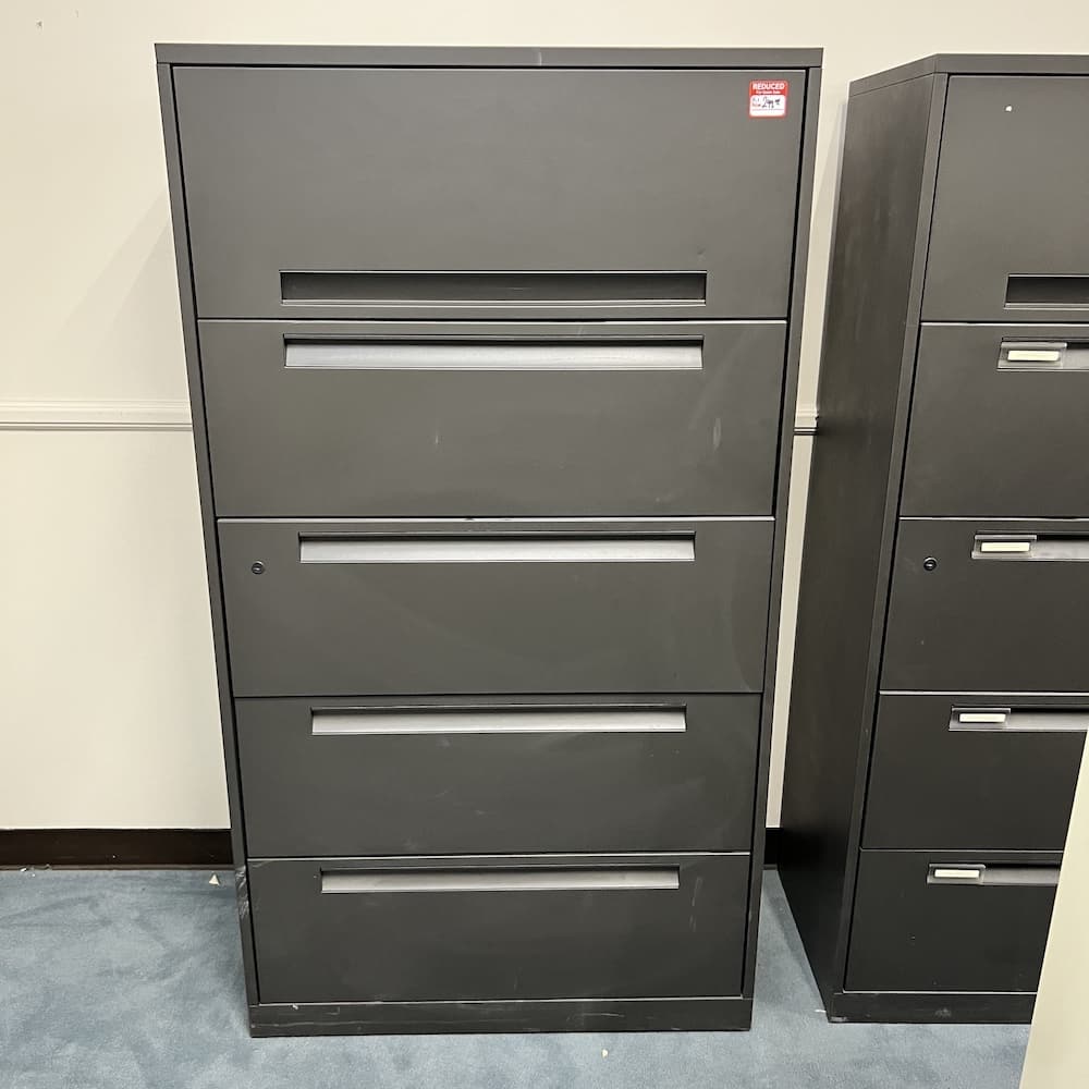 grey metal 5 drawer lateral file, used steelcase, used office furniture, storage filing