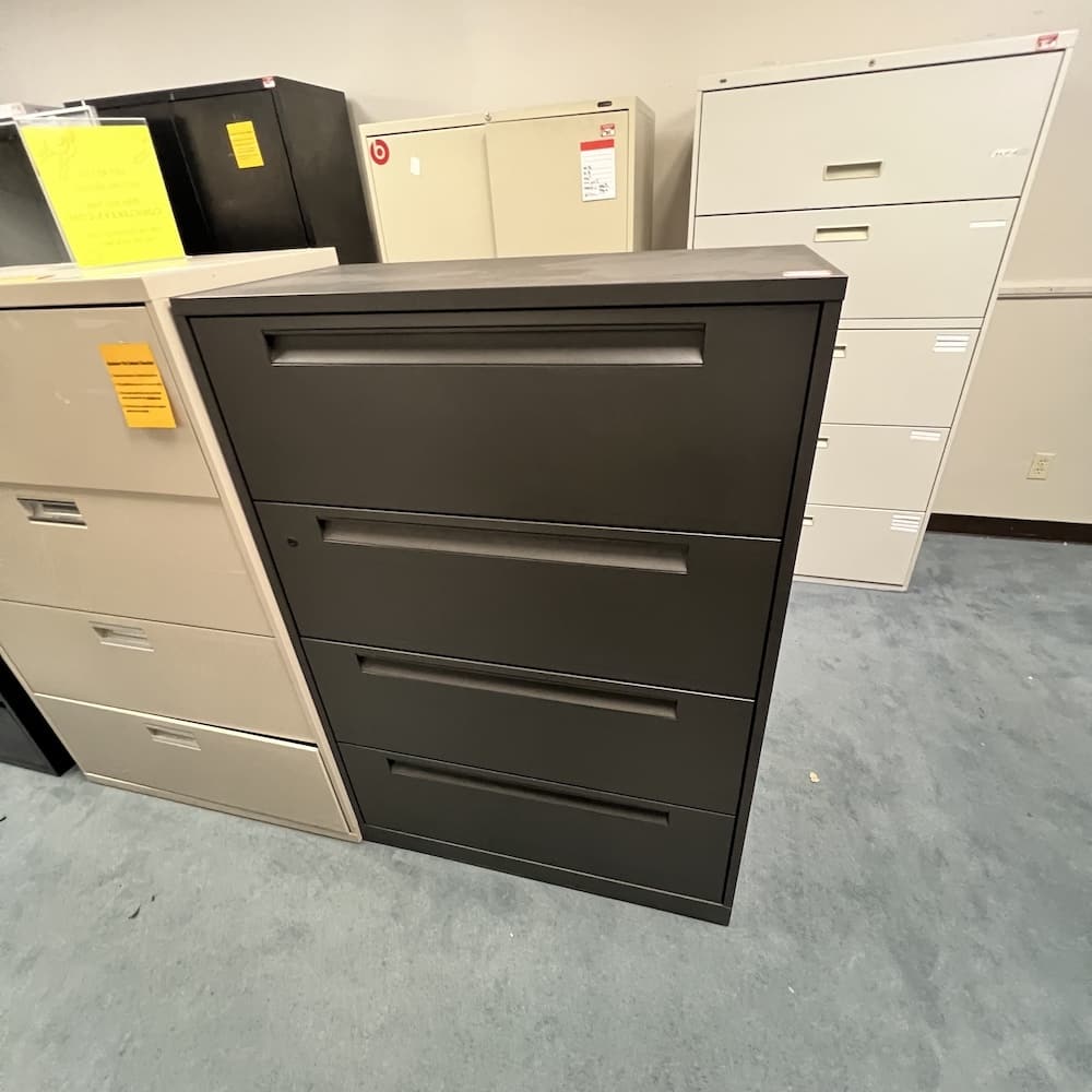 grey metal 4 drawer lateral file, used steelcase, used office furniture, storage filing