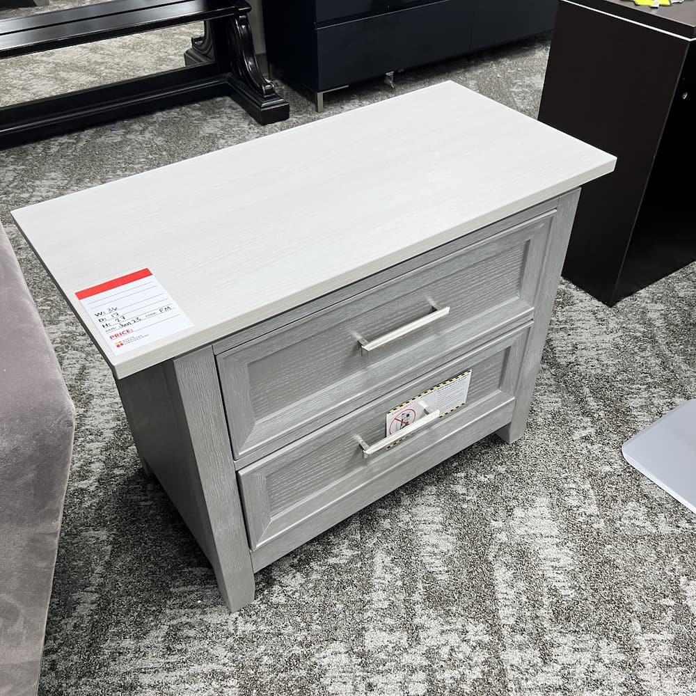 grey 2 drawer nightstand with white top, used home furniture